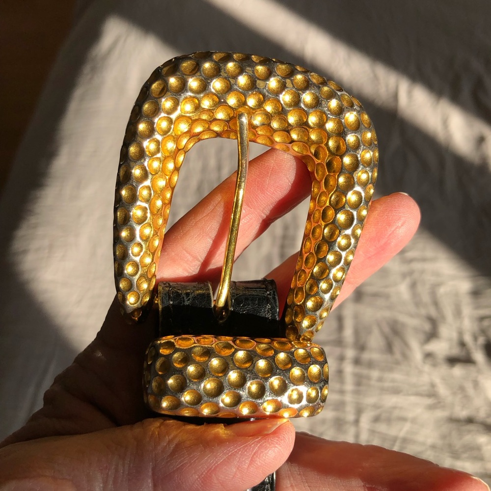Vintage 90s Kleinberg Sherrill American Black exoticAlligator Gold Buckle Belt M - Picture 6 of 11
